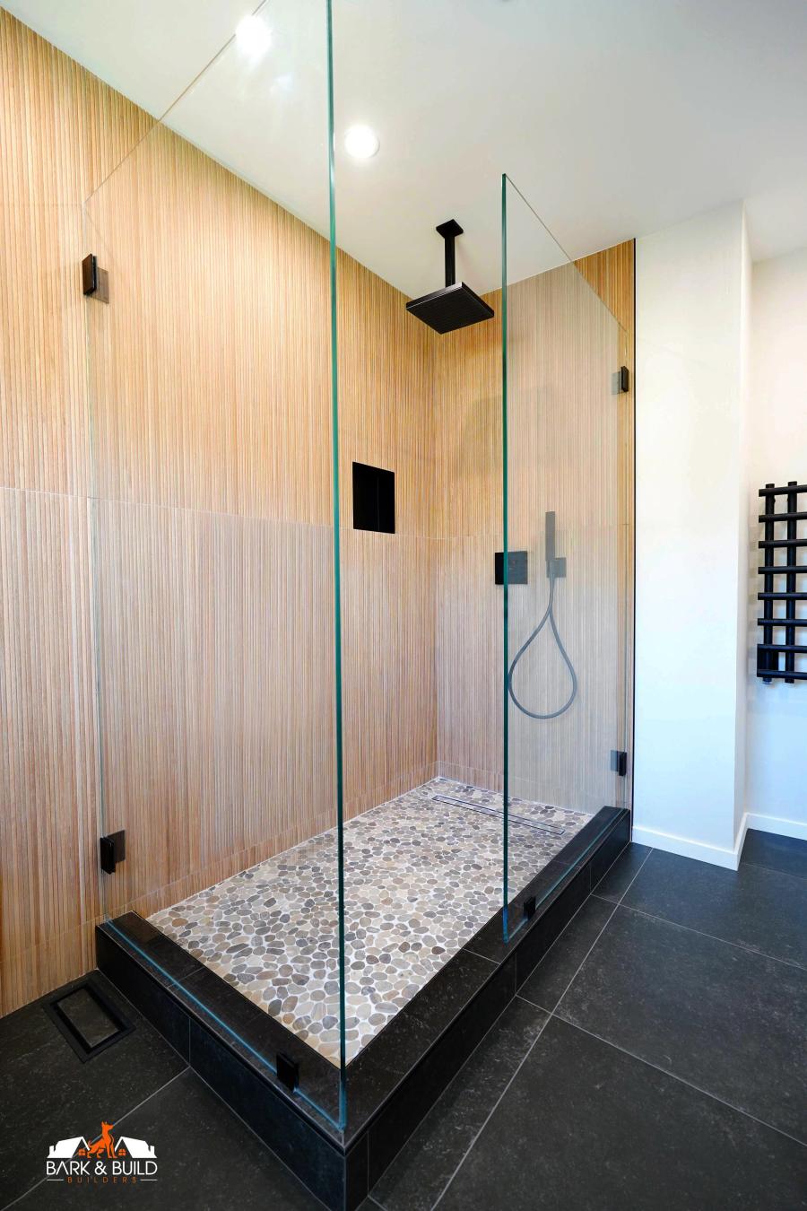 Belmont master bathroom — walk-in shower with bamboo tambour