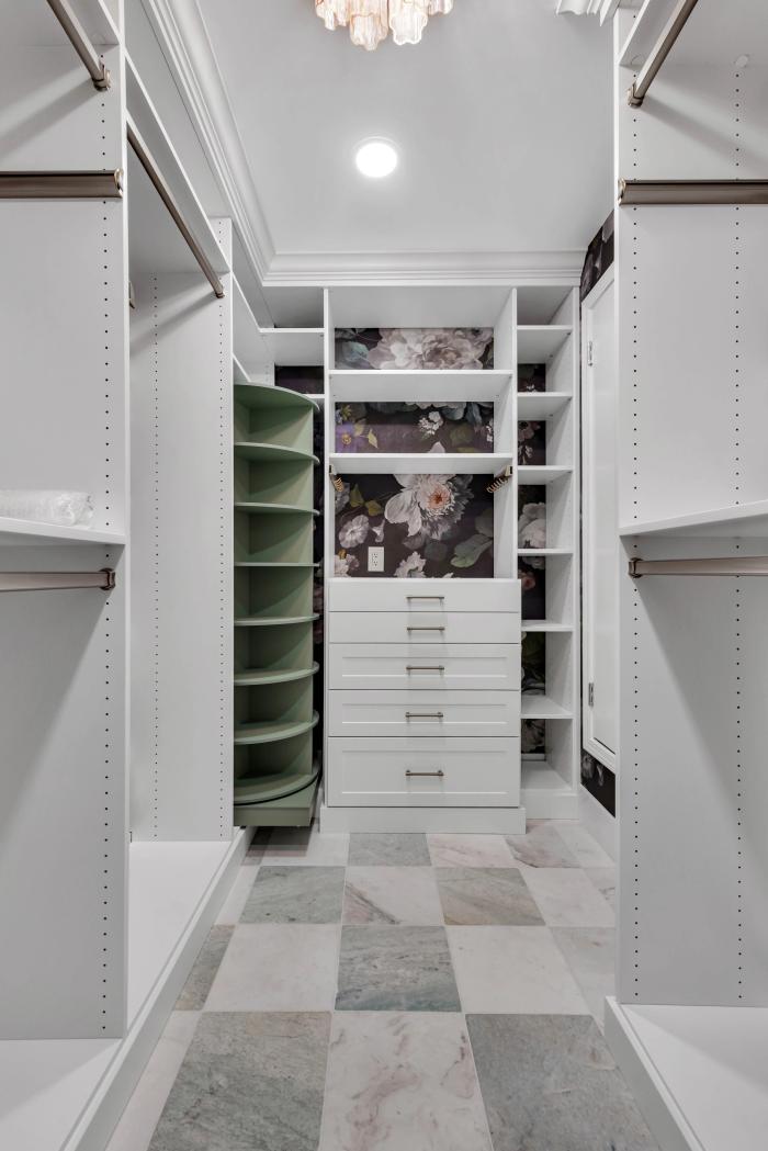 San Carlos walk-in closet — open shelving and shoe display