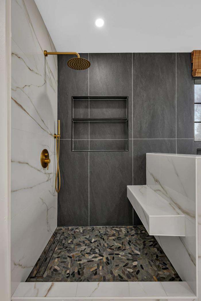 San Jose master bath — dark slate walk-in shower