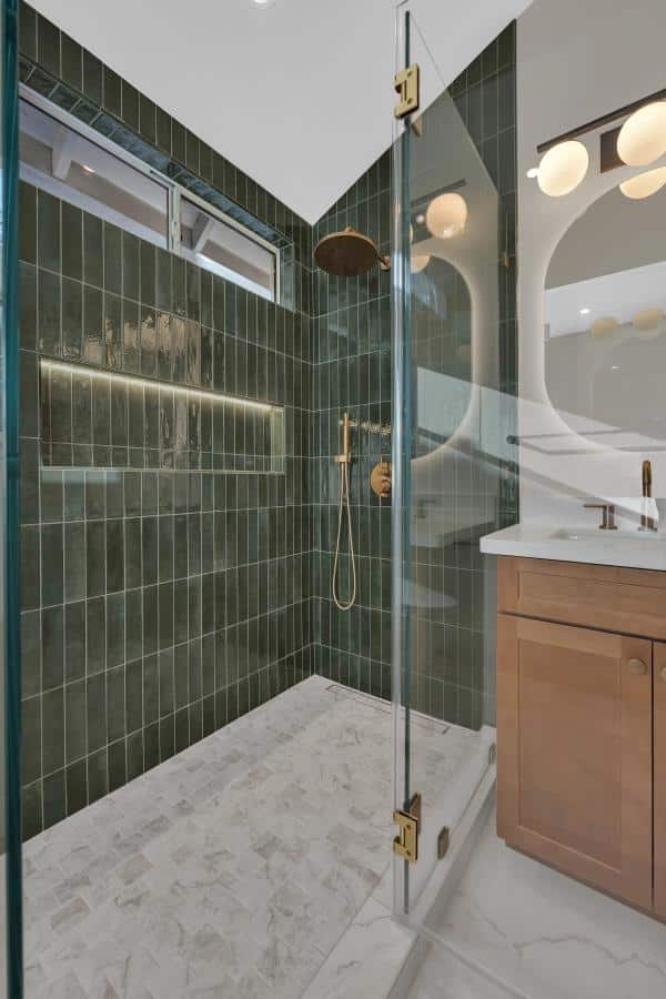 Redwood City — green glazed tile walk-in shower