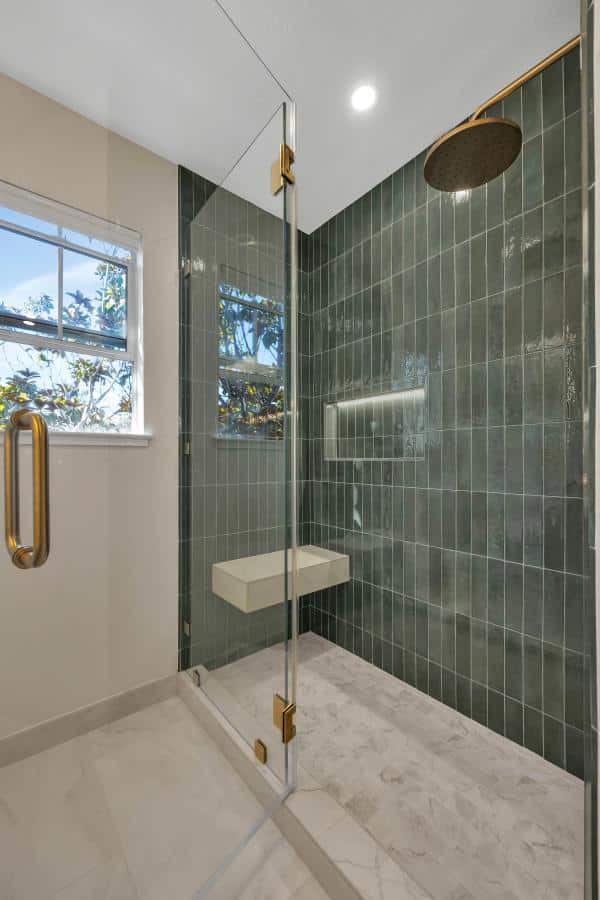 Redwood City — guest bathroom with green tile and globe lights