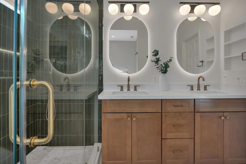 Redwood City — master bathroom double vanity with green glazed tile
