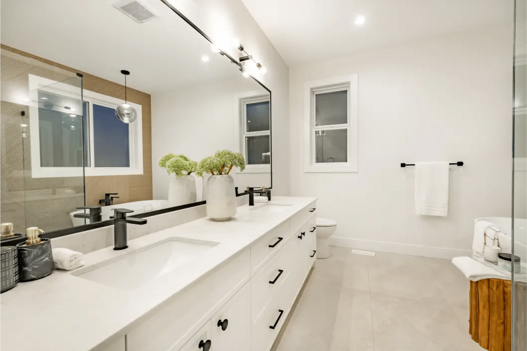 New vanity and fixtures in a remodeled bathroom