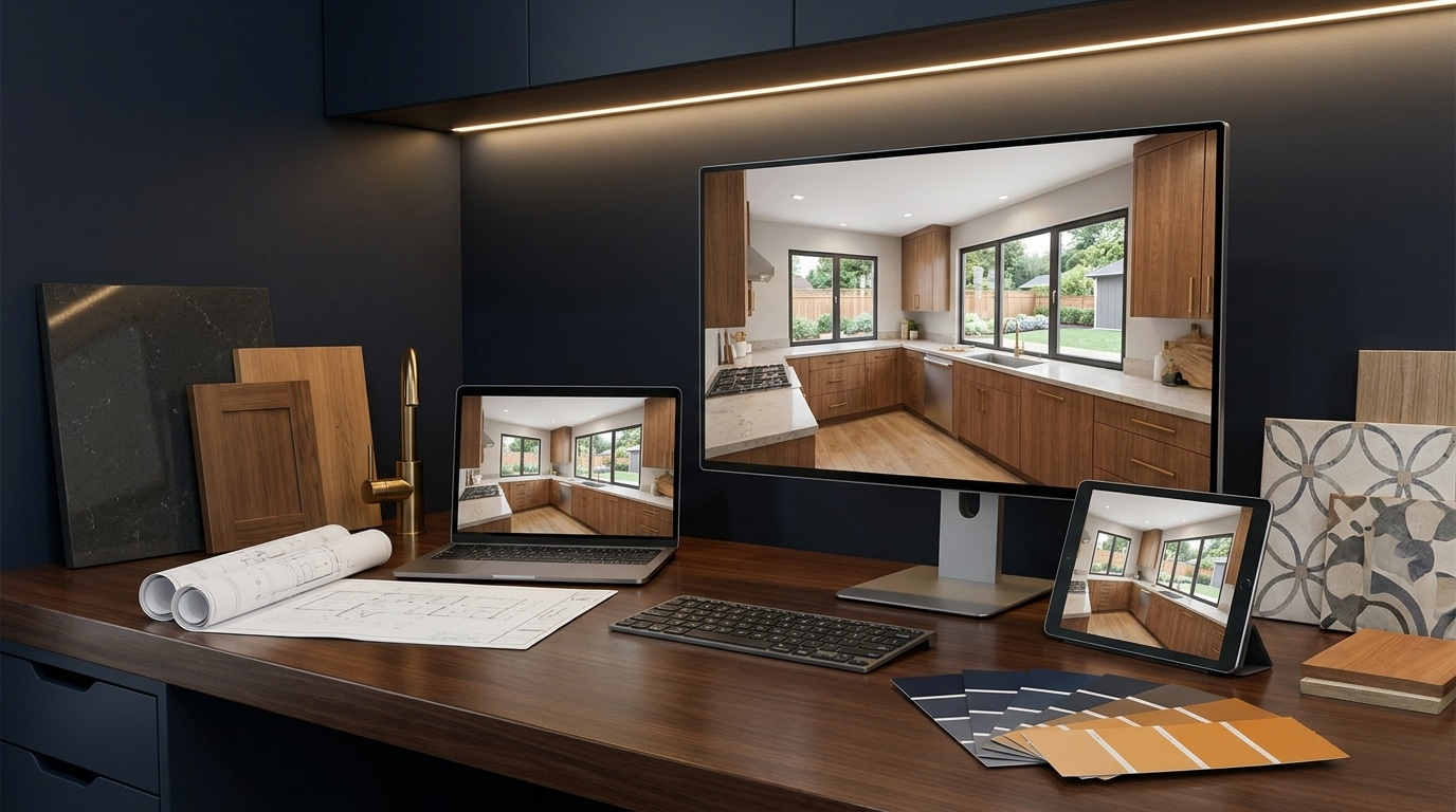 Photorealistic 3D rendering of a remodeled kitchen in Redwood City