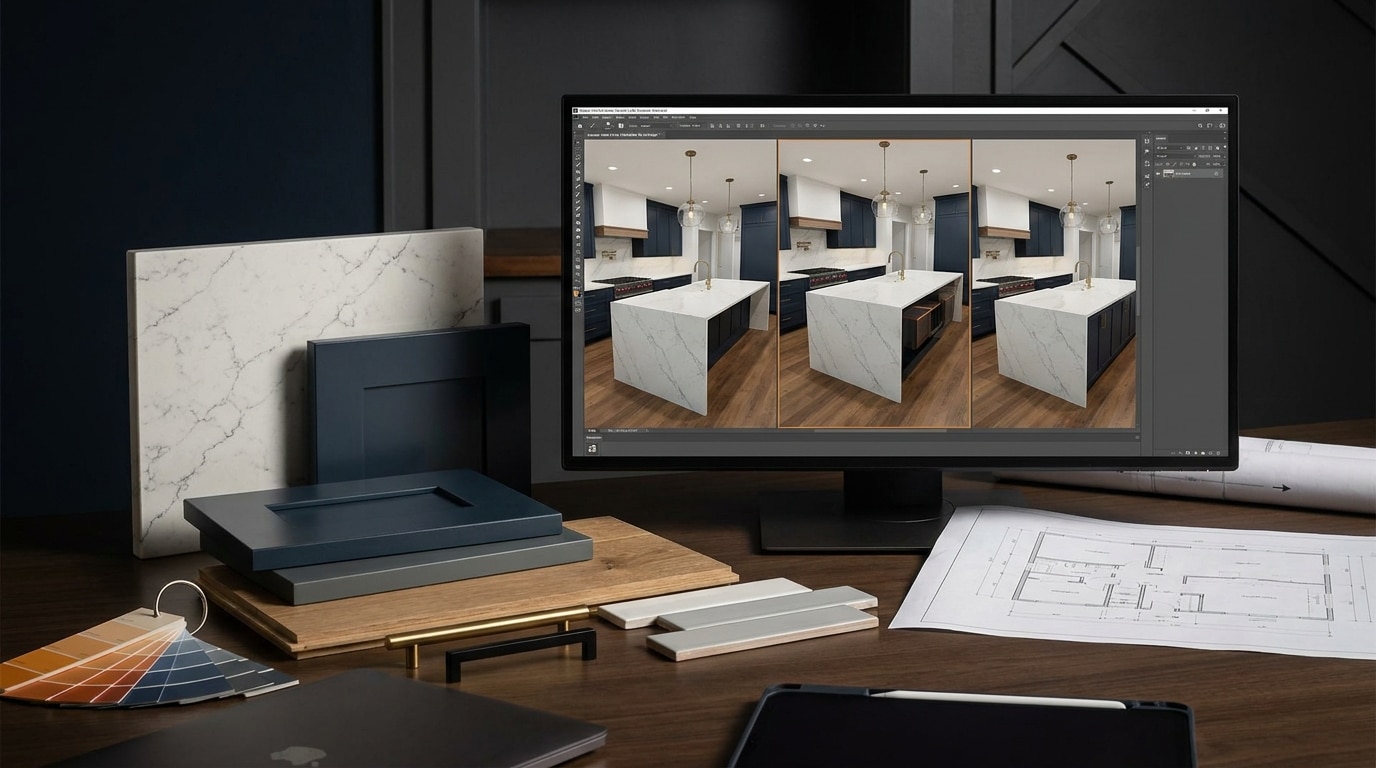 3D model comparing kitchen island layout options