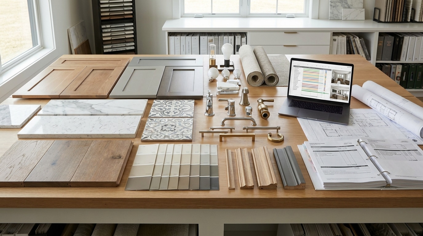Material and finish samples laid out as a whole-home palette