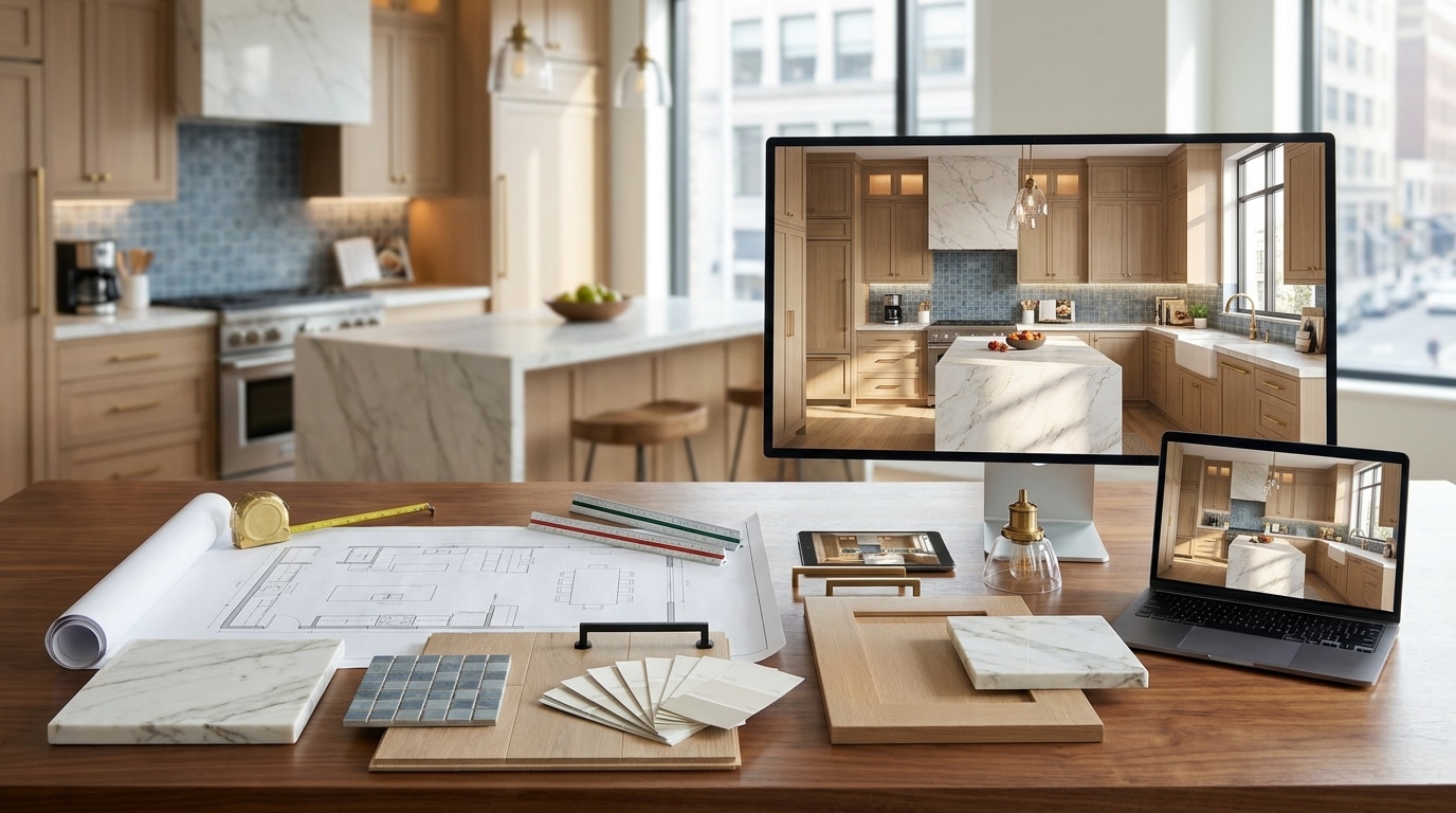 A floor plan shown next to a photorealistic 3D rendering of the same room