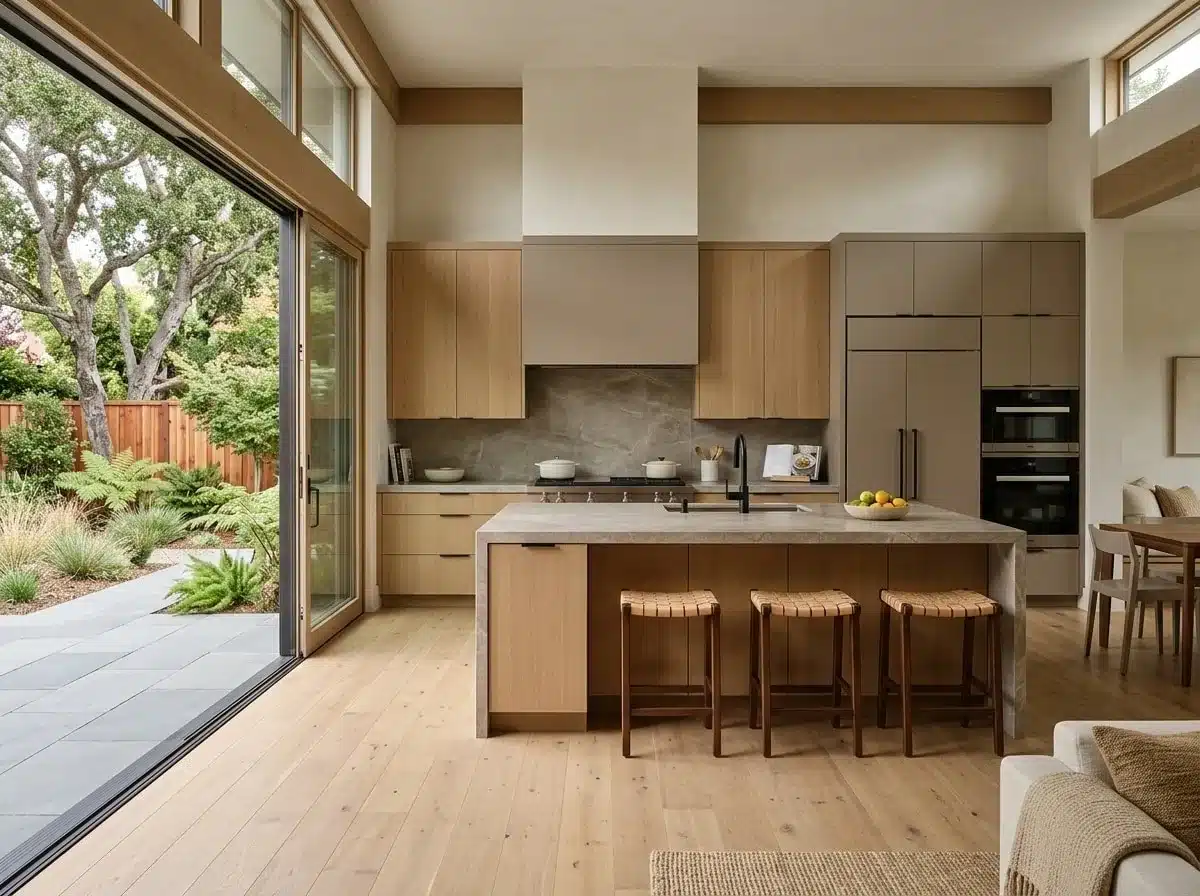 Natural wood kitchen cabinets, gray stone island, three woven stools and a wide glass opening to a garden.