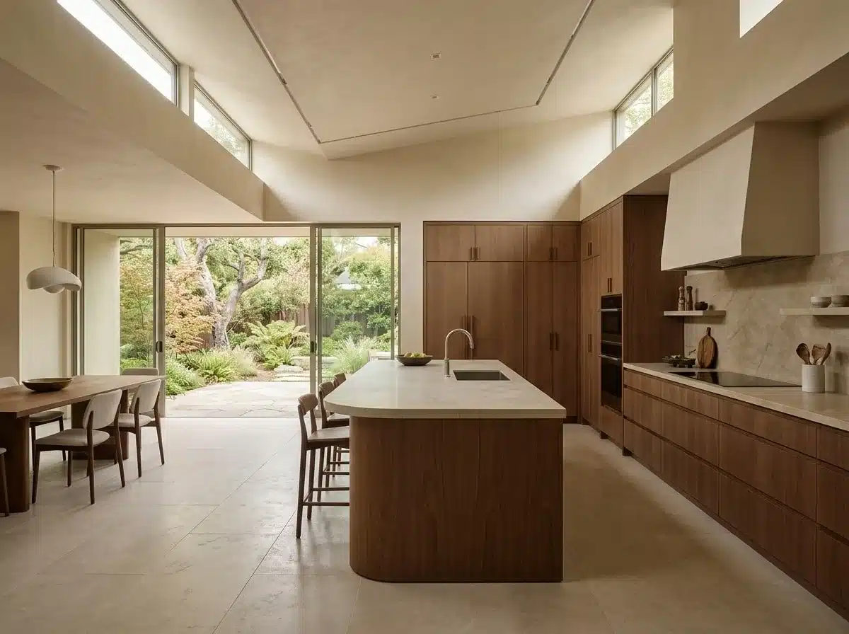 Dark wood kitchen cabinets, a white island countertop with sink, open shelves and light stone flooring.