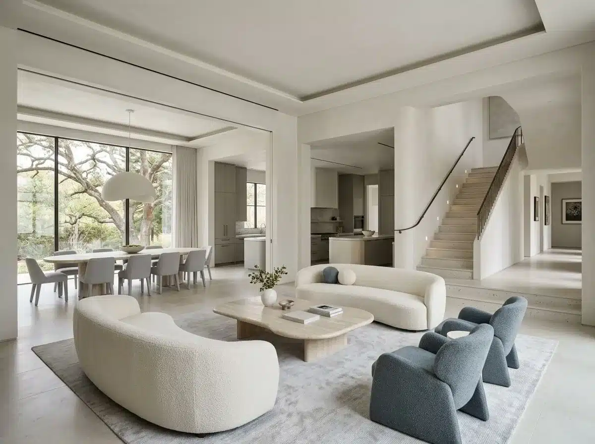 Open-plan living room with curved cream sofas, blue-gray chairs, a dining area, kitchen and staircase.